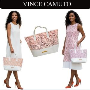 VINCE CAMUTO BELLA White & Orange Floral Laser Cut Faux Leather Tote Bag, EUC